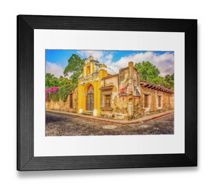 Framed Print : Antigua, Guatemala. Wide angle landscape view of 17th century Chapel Way of the Cross station in Street of the Steps Framed Print : Antigua, Guatemala. Wide angle landscape view of 17th century Chapel Way of the Cross station in Street of the Steps