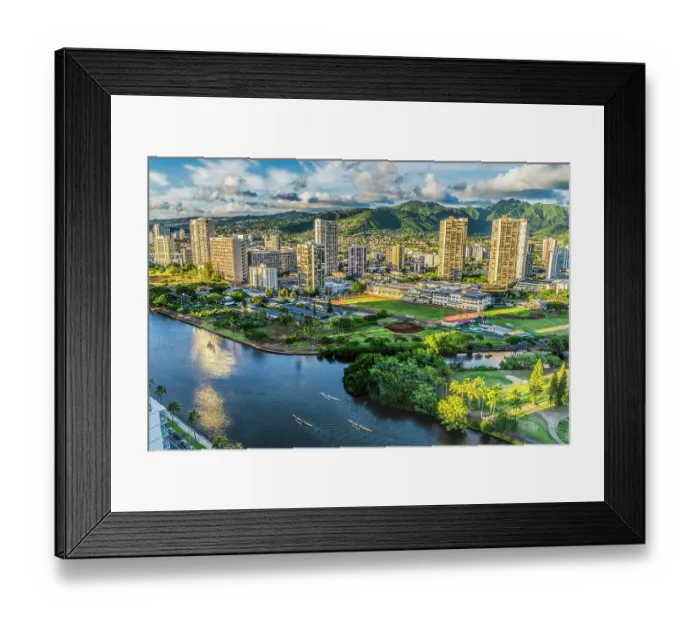 Framed Print : Colorful canoes, Ala Wai Canal reflection, Honolulu, Oahu, Hawaii Framed Print : Colorful canoes, Ala Wai Canal reflection, Honolulu, Oahu, Hawaii