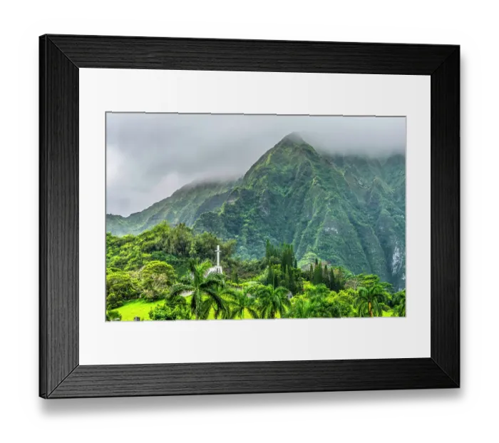 Framed Print : Colorful Valley of the Temples Memorial Park, Oahu, Hawaii. Site of numerous Christian churches, Shinto shrines and Buddhist temples with grave sites of people of all faiths Framed Print : Colorful Valley of the Temples Memorial Park, Oahu, Hawaii. Site of numerous Christian churches, Shinto shrines and Buddhist temples with grave sites of people of all faiths