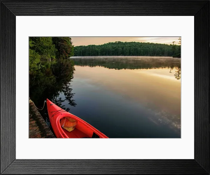Framed Print : USA, New York. Adirondack Park (National Historic Landmark), Saranac Lake, Hoel Pond, canoe at boathouse dock Framed Print : USA, New York. Adirondack Park (National Historic Landmark), Saranac Lake, Hoel Pond, canoe at boathouse dock