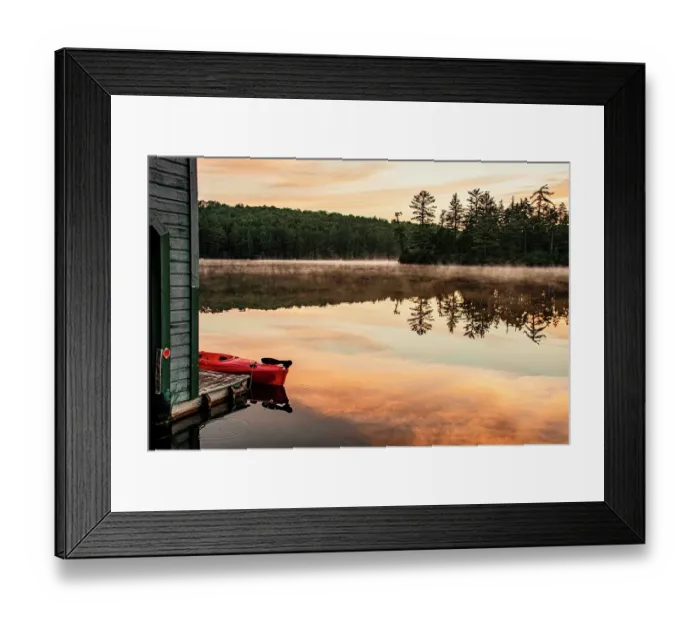 Framed Print : USA, New York. Adirondack Park (National Historic Landmark), Saranac Lake, Hoel Pond, canoe at boathouse dock