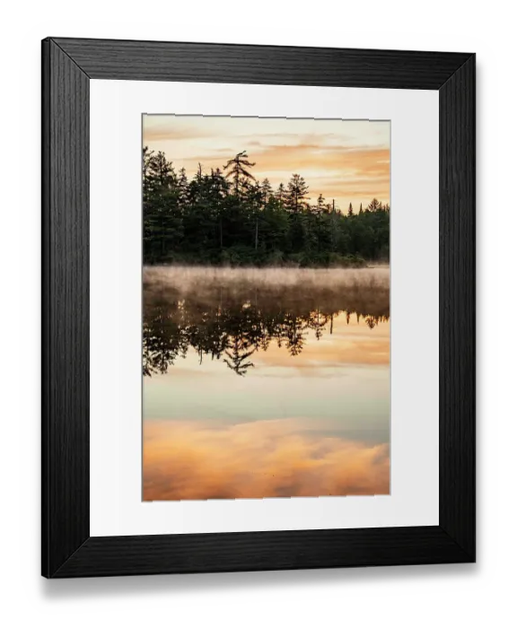 Framed Print : USA, New York. Adirondack Park (National Historic Landmark), Saranac Lake, Hoel Pond, sunrise with tree reflections in the water