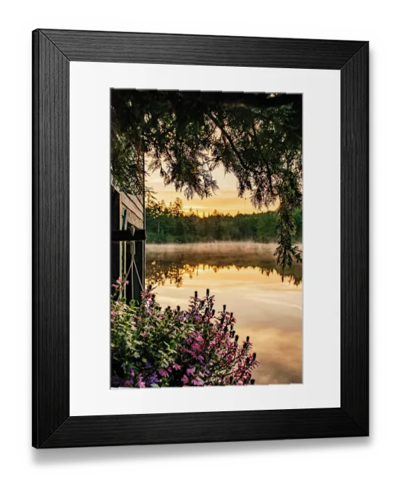 Framed Print : USA, New York. Adirondack Park (National Historic Landmark), Saranac Lake, Hoel Pond, view of sunrise past boathouse Framed Print : USA, New York. Adirondack Park (National Historic Landmark), Saranac Lake, Hoel Pond, view of sunrise past boathouse