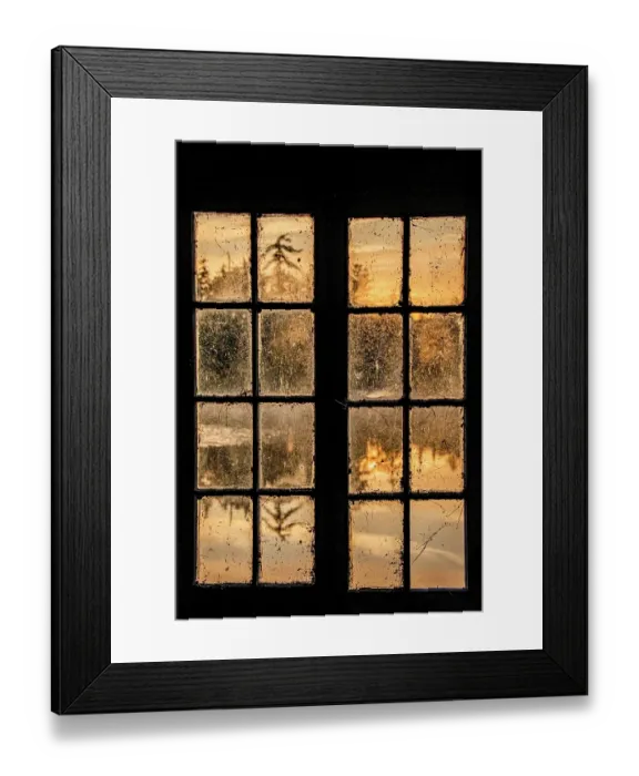 Framed Print : USA, New York. Adirondack Park (National Historic Landmark), Saranac Lake, Hoel Pond, sunrise view and reflections seen through dirty boathouse window Framed Print : USA, New York. Adirondack Park (National Historic Landmark), Saranac Lake, Hoel Pond, sunrise view and reflections seen through dirty boathouse window