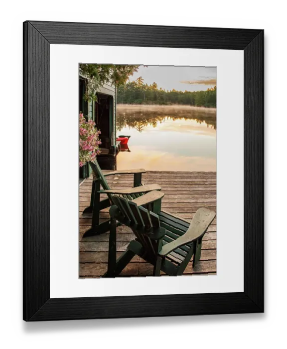 Framed Print : USA, New York. Adirondack Park (National Historic Landmark), Saranac Lake, Hoel Pond, Adirondack chairs on boathouse dock
