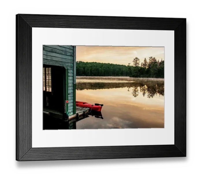 Framed Print : USA, New York. Adirondack Park (National Historic Landmark), Saranac Lake, Hoel Pond, canoe at boathouse dock Framed Print : USA, New York. Adirondack Park (National Historic Landmark), Saranac Lake, Hoel Pond, canoe at boathouse dock