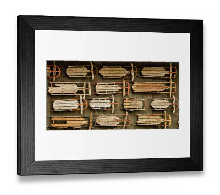 Framed Print : USA, Vermont. Side of barn mounted with old wooden sleds as decor Framed Print : USA, Vermont. Side of barn mounted with old wooden sleds as decor