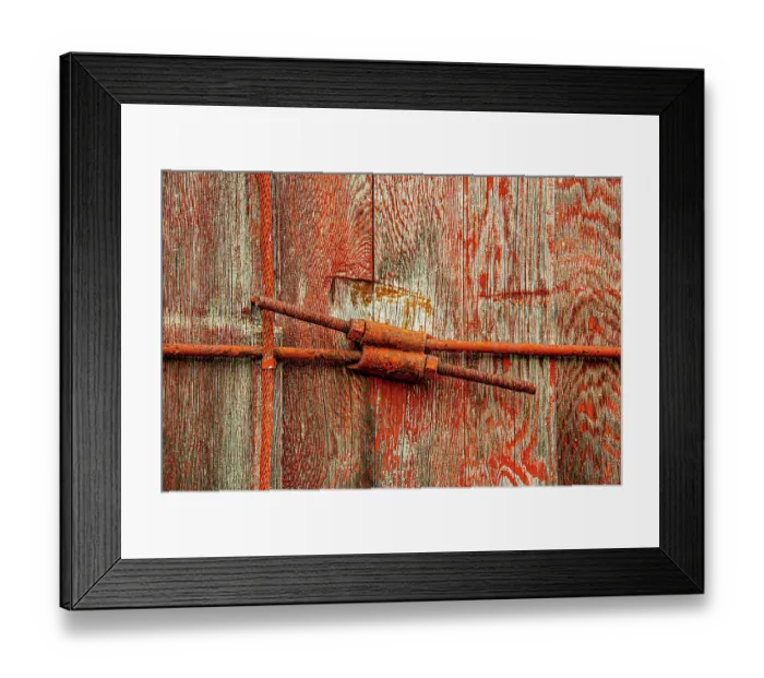 Framed Print : USA, Vermont, St. Johnsbury. Home of Stephen Huneck Gallery, red barn, door and window latch