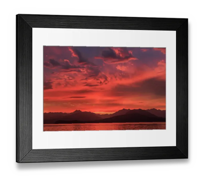 Framed Print : USA, Washington State, Seabeck. Vivid sunset over Hood Canal and Olympic Mountains. ©Don Paulson  /  Jaynes Gallery  /  DanitaDelimont.com