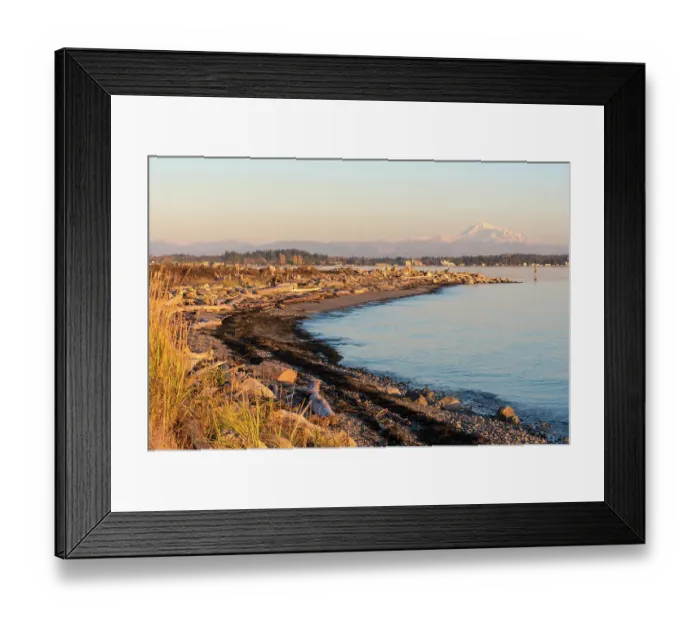 Framed Print : US, WA, Birch Bay, Sweep of bay with Mount Baker and North Cascades Framed Print : US, WA, Birch Bay, Sweep of bay with Mount Baker and North Cascades