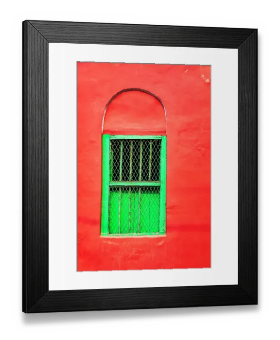 Framed Print : India, West Bengal, Kolkata, College Square. Bright green window in bright red wall