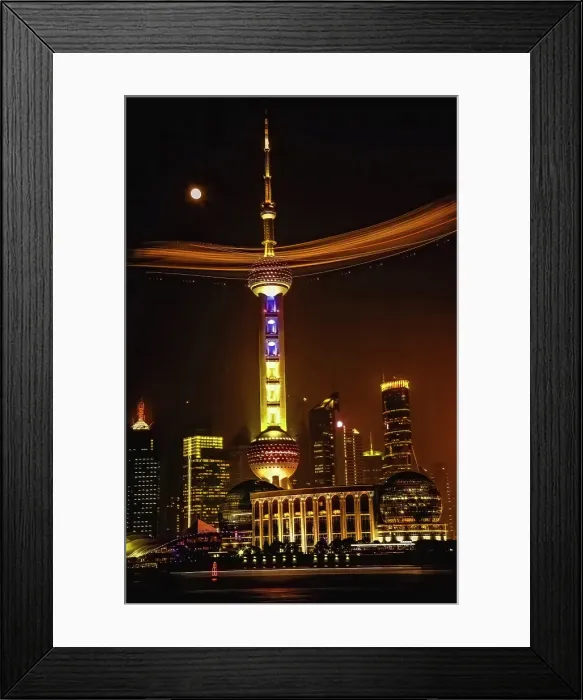 Framed Print : Shanghai TV Tower, Pudong, Night shot with moon and blimp Framed Print : Shanghai TV Tower, Pudong, Night shot with moon and blimp