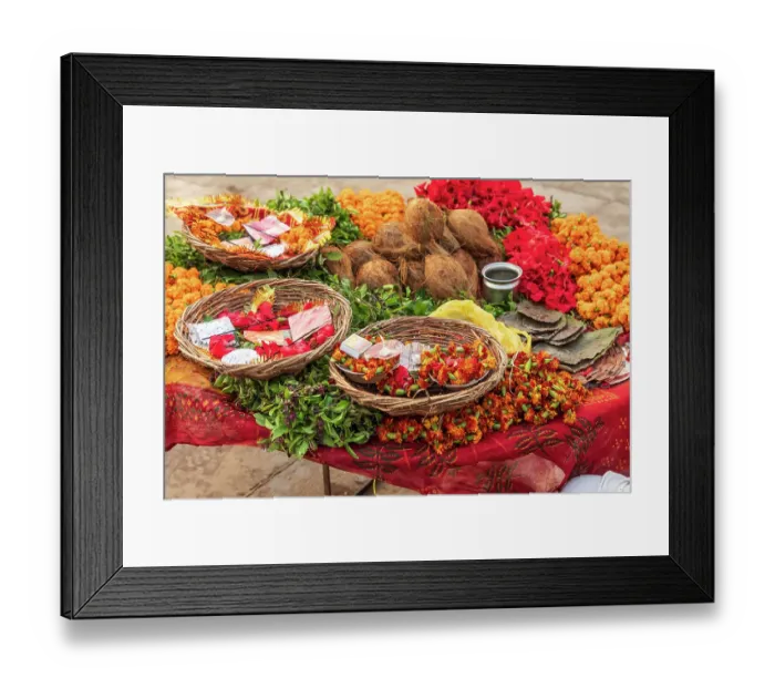 Framed Print : India, Uttar Pradesh, Varanasi, Bangali Tola. Flowers, coconuts, and other offerings Framed Print : India, Uttar Pradesh, Varanasi, Bangali Tola. Flowers, coconuts, and other offerings