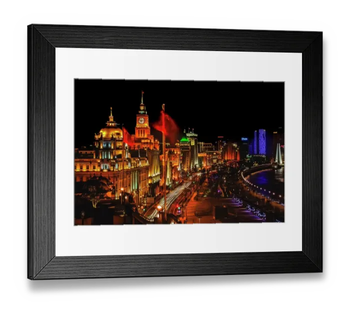 Framed Print : Shanghai, China, The Bund Buildings Monuments Night red Flags Cars
