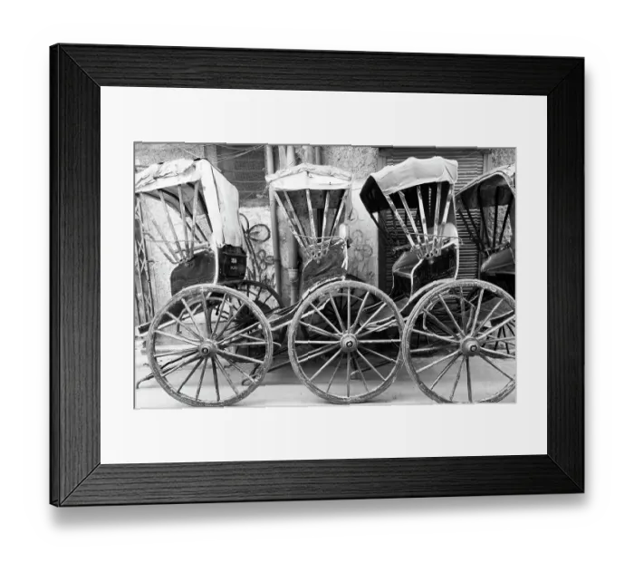 Framed Print : India, West Bengal, Kolkata, College Square. Rickshaws in a line. In BW Framed Print : India, West Bengal, Kolkata, College Square. Rickshaws in a line. In BW