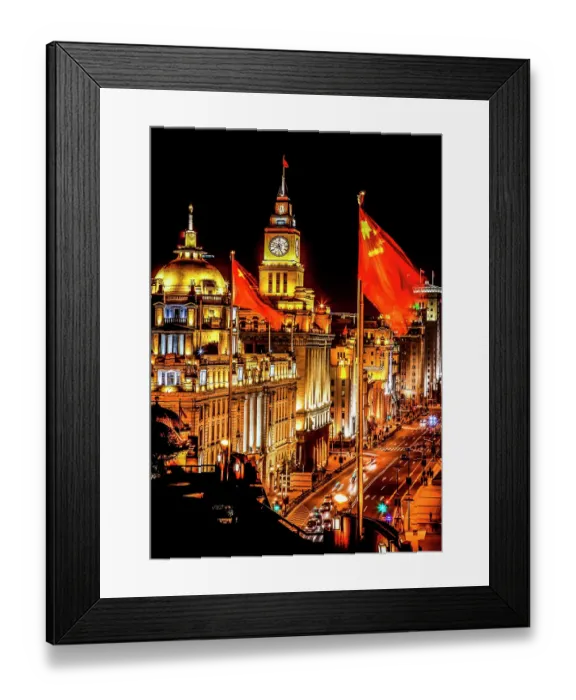 Framed Print : Shanghai, China, The Bund Old Customs House Hong Kong Shanghai Bank Corp. Building at Night Cars Illuminated Flags Framed Print : Shanghai, China, The Bund Old Customs House Hong Kong Shanghai Bank Corp. Building at Night Cars Illuminated Flags