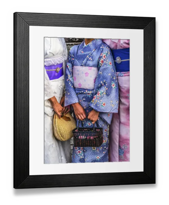 Framed Print : Colorful traditional Japanese kimonos, Kiyomizu Buddhist Temple, Kyoto, Japan. traditional Japanese garment with Obis and the national dress of Japan. (Editorial Use Only)