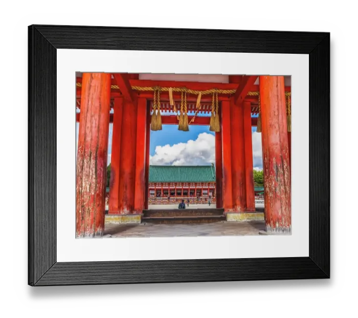 Framed Print : Colorful large red entrance gate, Heian-jingu Shrine, Kyoto, Japan. Built in 1895 the Heian Shrine is a copy of the Emperor's Imperial Palace in 1100's. (Editorial Use Only) Framed Print : Colorful large red entrance gate, Heian-jingu Shrine, Kyoto, Japan. Built in 1895 the Heian Shrine is a copy of the Emperor's Imperial Palace in 1100's. (Editorial Use Only)