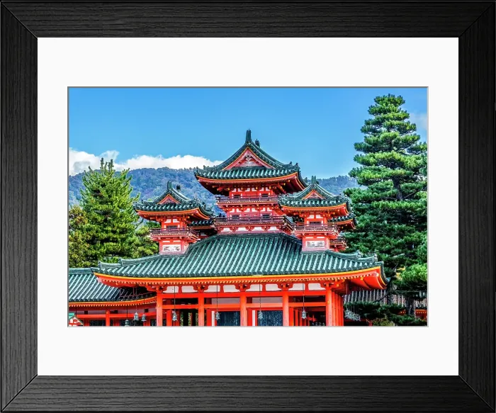 Framed Print : Colorful large red Soryu-ro Blue Dragon Tower, Heian-jingu Shrine, Kyoto, Japan. Built in 1895 the Heian Shrine is a copy of the Emperor's Imperial Palace in 1100's