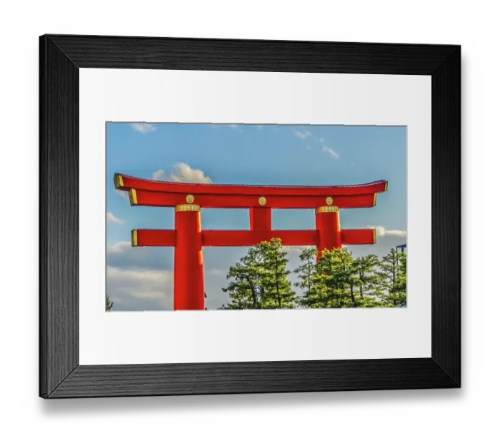 Framed Print : Colorful large red Tori Gate, Heian-jingu Shrine, Kyoto, Japan. Tori gates are traditional Japanese gateway marking transition from the everyday world to the sacred in Shinto shrines. Heian built in 1895 Framed Print : Colorful large red Tori Gate, Heian-jingu Shrine, Kyoto, Japan. Tori gates are traditional Japanese gateway marking transition from the everyday world to the sacred in Shinto shrines. Heian built in 1895
