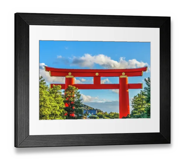 Framed Print : Colorful large red Tori Gate, Heian-jingu Shrine, Kyoto, Japan. Tori gates are traditional Japanese gateway marking transition from the everyday world to the sacred in Shinto shrines. Heian built in 1895 Framed Print : Colorful large red Tori Gate, Heian-jingu Shrine, Kyoto, Japan. Tori gates are traditional Japanese gateway marking transition from the everyday world to the sacred in Shinto shrines. Heian built in 1895