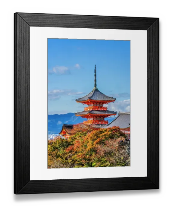Framed Print : Colorful Autum, Sanjunoto, Three Storied Pagoda, Kiyomizu Buddhist Temple, Kyoto, Japan. Temple established 778 AD Framed Print : Colorful Autum, Sanjunoto, Three Storied Pagoda, Kiyomizu Buddhist Temple, Kyoto, Japan. Temple established 778 AD