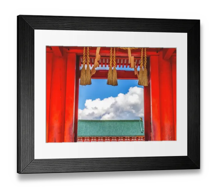 Framed Print : Colorful large red gate Otenmon, Heian-jingu Shrine, Kyoto, Japan. Built in 1895 the Heian Shrine is a copy of the Emperor's Imperial Palace in 1100's