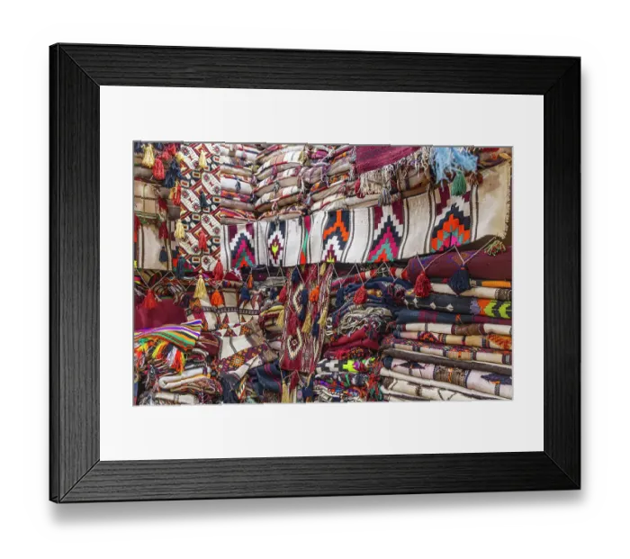 Framed Print : Saudi Arabia, Riyadh, Al-Dirah. Blankets, pillows and rugs at the Souq Al-Zal