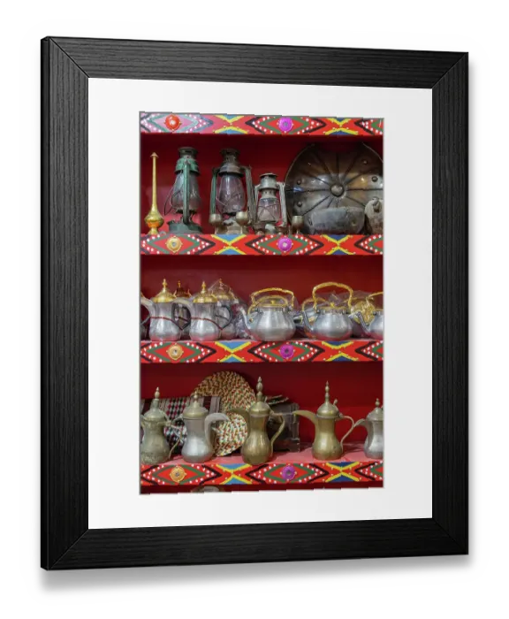 Framed Print : Saudi Arabia, Riyadh, Al-Dirah. Coffee and tea pots at the Souq Al-Zal. (Editorial Use Only) Framed Print : Saudi Arabia, Riyadh, Al-Dirah. Coffee and tea pots at the Souq Al-Zal. (Editorial Use Only)
