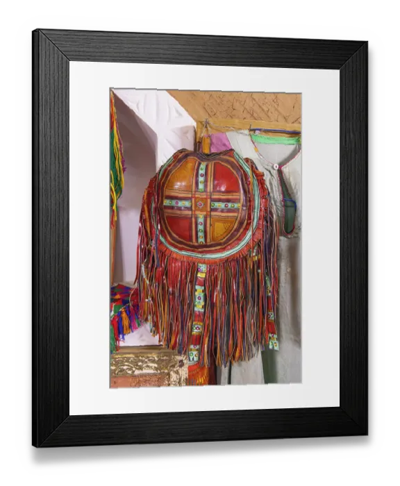Framed Print : Ushaiger Heritage Village, Riyadh, Saudi Arabia. Colorful beaded bag. (Editorial Use Only)