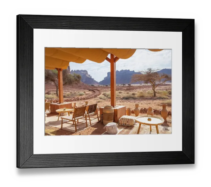 Framed Print : Saudi Arabia, Medina, Al-Ula. Cafe at the Dadan visitor center, site of an ancient kingdom. (Editorial Use Only) Framed Print : Saudi Arabia, Medina, Al-Ula. Cafe at the Dadan visitor center, site of an ancient kingdom. (Editorial Use Only)