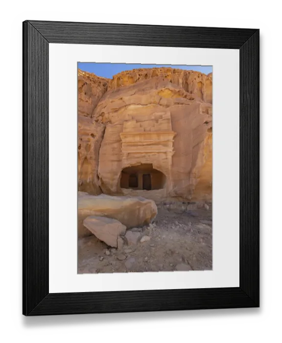 Framed Print : Saudi Arabia, Medina, Al-Ula, Hegra. Nabatean rock cut ruins at the Hegra Archaeological Area