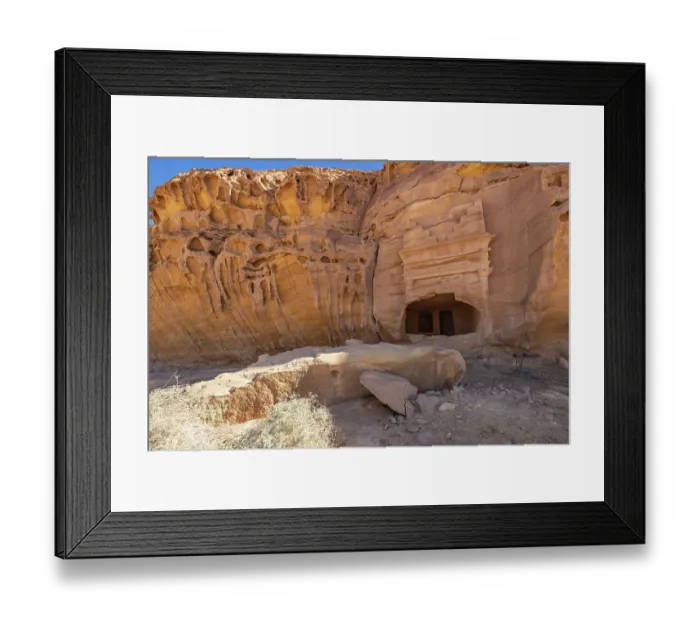 Framed Print : Saudi Arabia, Medina, Al-Ula, Hegra. Nabatean rock cut ruins at the Hegra Archaeological Area