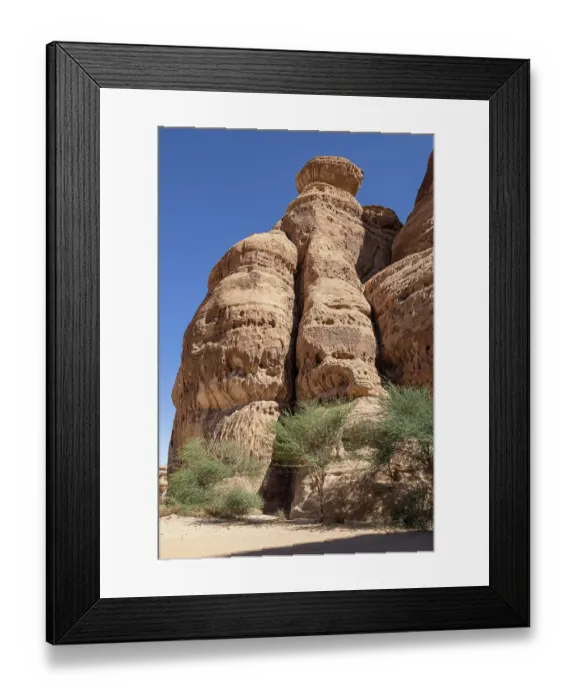 Framed Print : Saudi Arabia, Medina, Al-Ula, Hegra. Desert rock formations at the Hegra Archaeological Area