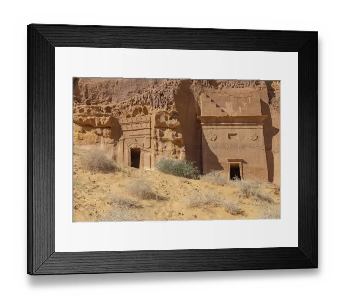 Framed Print : Saudi Arabia, Medina, Al-Ula, Hegra. Nabatean rock cut ruins at the Hegra Archaeological Area Framed Print : Saudi Arabia, Medina, Al-Ula, Hegra. Nabatean rock cut ruins at the Hegra Archaeological Area