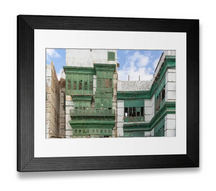 Framed Print : Saudi Arabia, Mecca, Jeddah, Al-Balad. Traditional Hijazi tower house with wooden Roshan windows and balconies Framed Print : Saudi Arabia, Mecca, Jeddah, Al-Balad. Traditional Hijazi tower house with wooden Roshan windows and balconies