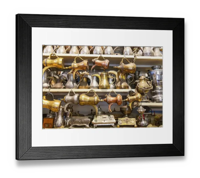 Framed Print : Saudi Arabia, Mecca Province, Jeddah. Antique brass, copper, and tin coffee pots in the Al-Balad district. (Editorial Use Only) Framed Print : Saudi Arabia, Mecca Province, Jeddah. Antique brass, copper, and tin coffee pots in the Al-Balad district. (Editorial Use Only)