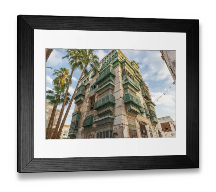 Framed Print : Saudi Arabia, Mecca, Jeddah, Al-Balad. Traditional Hijazi tower house with wooden Roshan windows and balconies Framed Print : Saudi Arabia, Mecca, Jeddah, Al-Balad. Traditional Hijazi tower house with wooden Roshan windows and balconies