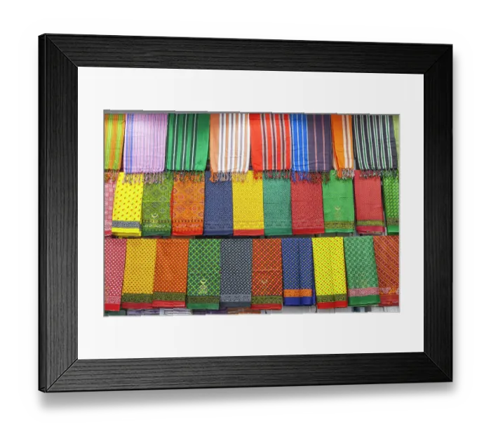Framed Print : Saudi Arabia, Mecca, Jeddah, Al-Balad. Colorful cloth in the Al-Balad historical district of Jeddah
