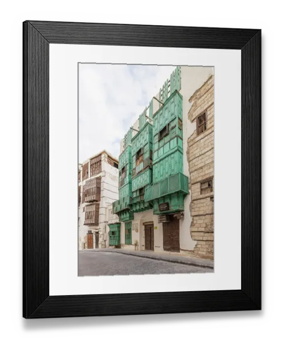 Framed Print : Saudi Arabia, Mecca, Jeddah, Al-Balad. Traditional Hijazi tower house with wooden Roshan windows and balconies
