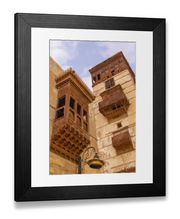 Framed Print : Saudi Arabia, Mecca, Jeddah, Al-Balad. Traditional Hijazi tower house with wooden Roshan windows and balconies Framed Print : Saudi Arabia, Mecca, Jeddah, Al-Balad. Traditional Hijazi tower house with wooden Roshan windows and balconies
