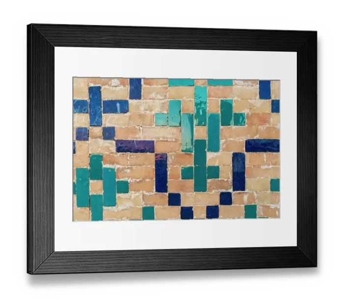 Framed Print : Bukhara, Uzbekistan, Central Asia. Decorative tiles on a brick wall at the Kalan Mosque in Bukhara