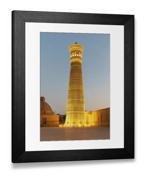 Framed Print : Bukhara, Uzbekistan, Central Asia. Night time view of the minaret at the Kalan Mosque in Bukhara