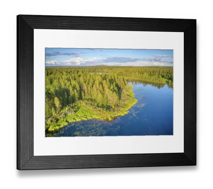Framed Print : Finland, North Ostrobothnia, Rukatunturi area. Aerial views of forest, lakes and marshes