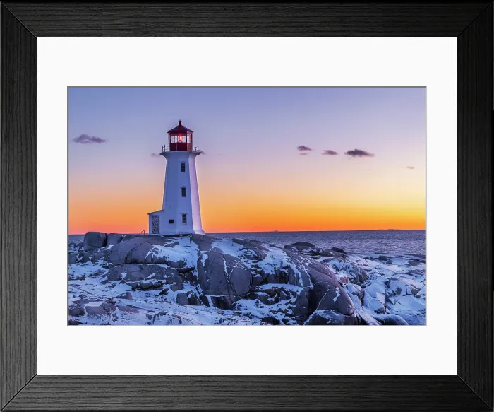 Framed Print : Peggy's Cove Lighthouse in winter at sunset, Nova Scotia, Canada