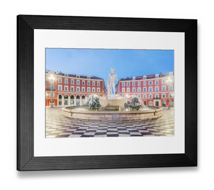 Framed Print : France, Cote d Azur, Nice. Sun Fountain at Place Massena with Statue of Apollo at dawn Framed Print : France, Cote d Azur, Nice. Sun Fountain at Place Massena with Statue of Apollo at dawn