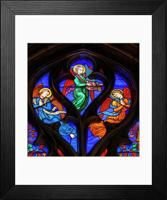 Framed Print : Colorful angels stained glass, Eglise Saint-Bonaventure, Lyon, France. Church finished 1327. One of last Medieval buildings in Lyon. (Editorial Use Only)