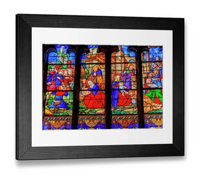 Framed Print : Colorful Nativity Virgin Mary, Joseph, Baby Jesus stained glass, Eglise Saint-Bonaventure, Lyon, France. Church finished 1327. (Editorial Use Only)