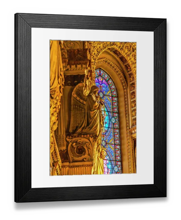 Framed Print : Angel statue colorful stained glass, Basilica of Notre Dame de Fourviere, Lyon, France. Built from 1872 to 1896. (Editorial Use Only) Framed Print : Angel statue colorful stained glass, Basilica of Notre Dame de Fourviere, Lyon, France. Built from 1872 to 1896. (Editorial Use Only)