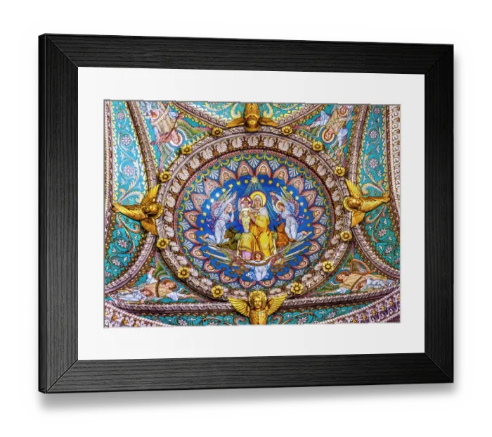 Framed Print : Colorful Virgin Mary, Baby Jesus mosaic, Basilica of Notre Dame de Fourviere, Lyon, France. Built from 1872 to 1896. (Editorial Use Only)